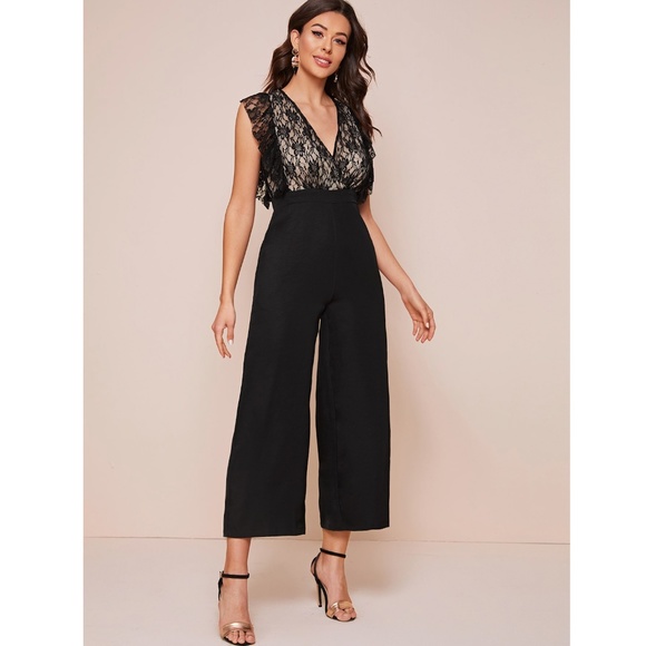Lace Detail V-Neck Ruffle Trim Wide Leg Jumpsuit - Picture 4 of 8